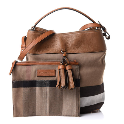 Burberry Grainy Calfskin Canvas Mega Check Medium Ashby Tassel Hobo Saddle Brown 4 of 16