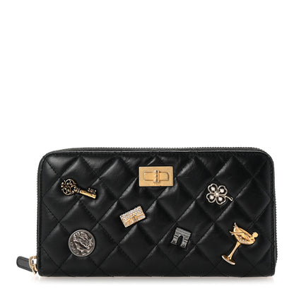 Chanel Aged Calfskin Quilted Lucky Charms 2.55 Reissue Zip Around Wallet Black 1 of 8
