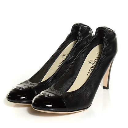 Chanel Lambskin Elastic Patent Cap Toe Pumps 39 Black 3 of 8