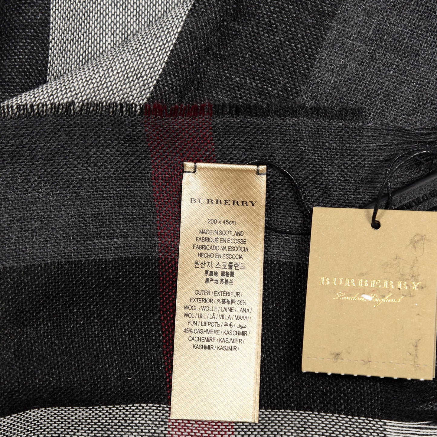 Wool Cashmere Giant Check Lightweight Scarf Charcoal