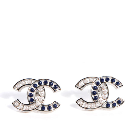 Chanel Pearl Beaded CC Earrings Silver White Blue 1 of 6