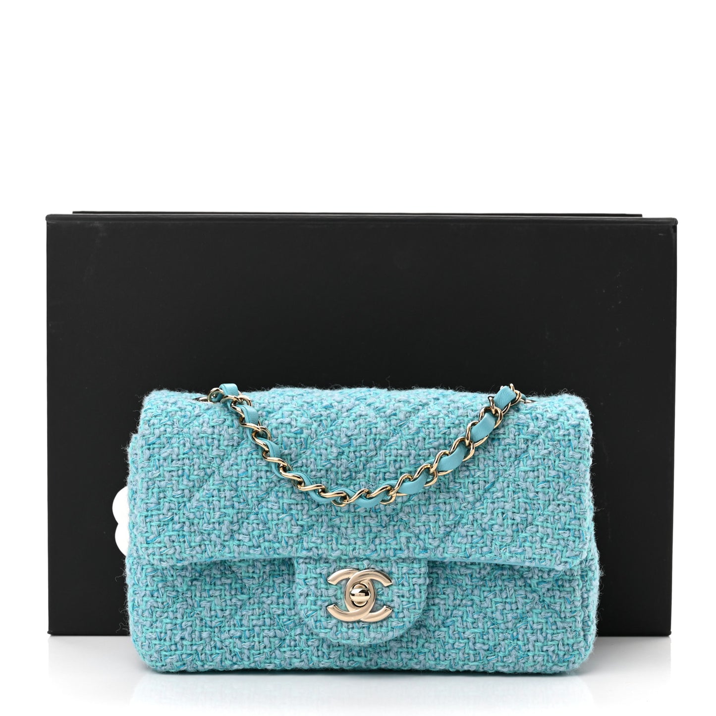Wool Tweed Quilted Mini Rectangular Flap Turquoise Light Blue