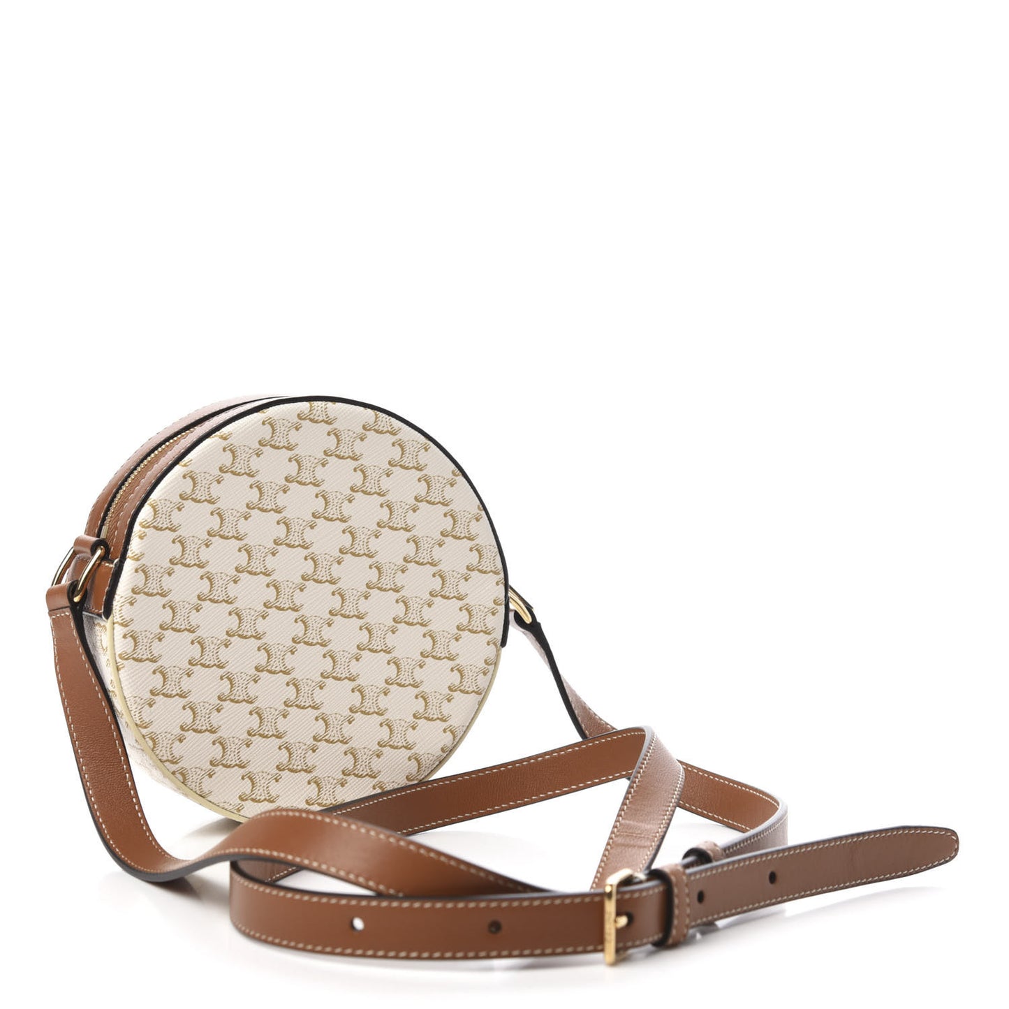 Lambskin Triomphe Canvas Round Purse On Strap White Tan