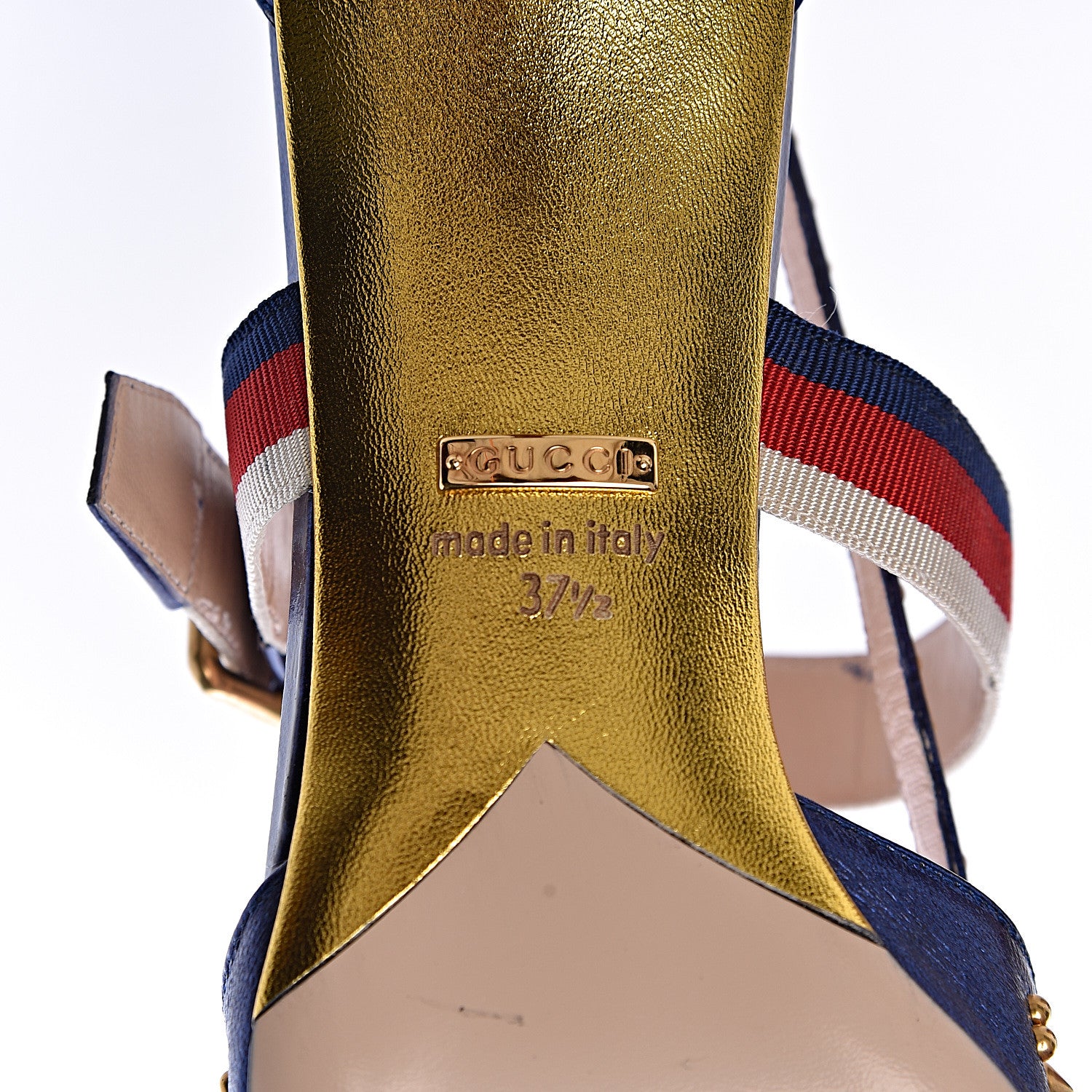 Gucci Metallic Nappa Silk Grosgrain Studded Sylvie Web Bamboo Low Heel Pumps 37.5 Sapphire 7 of 8