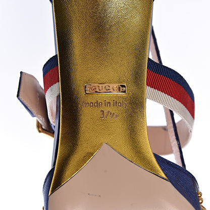 Gucci Metallic Nappa Silk Grosgrain Studded Sylvie Web Bamboo Low Heel Pumps 37.5 Sapphire 7 of 8