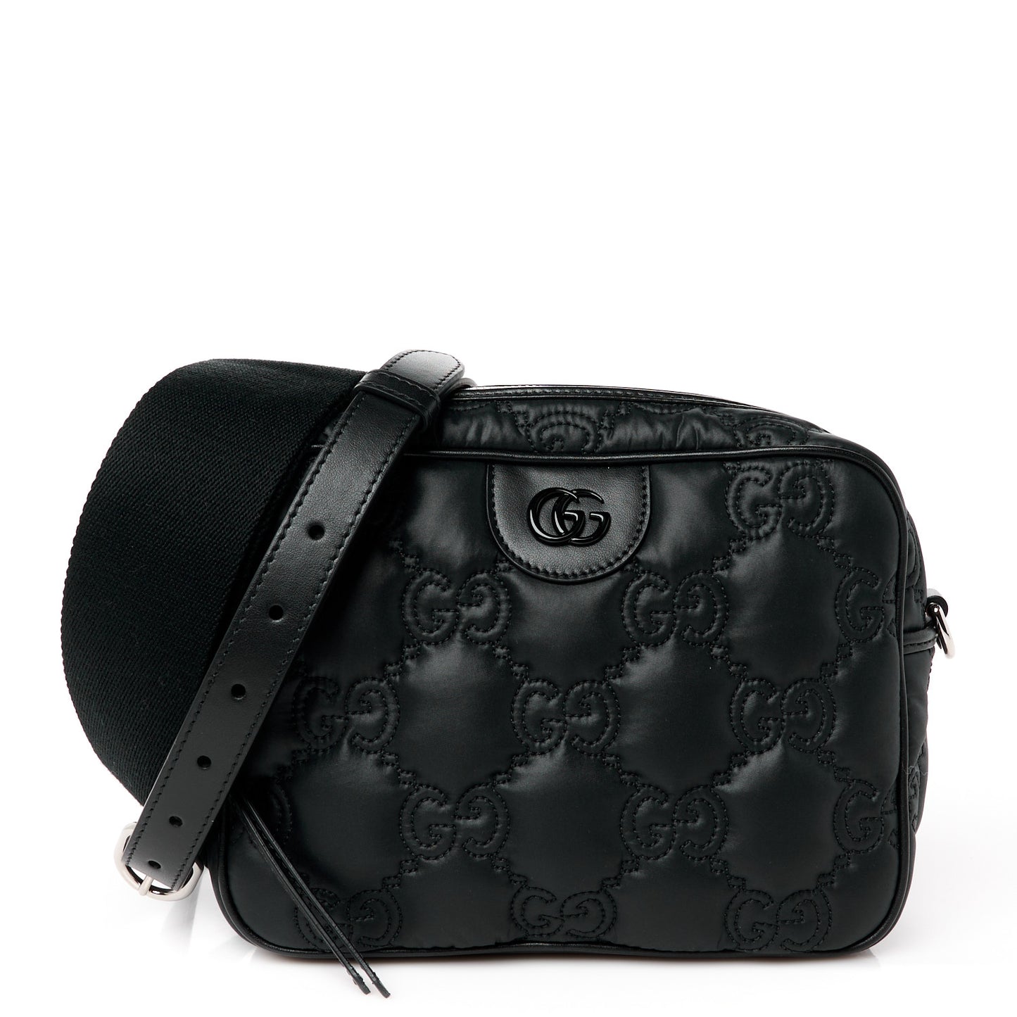 Nylon Calfskin Enamel GG Matelasse Shoulder Bag Black