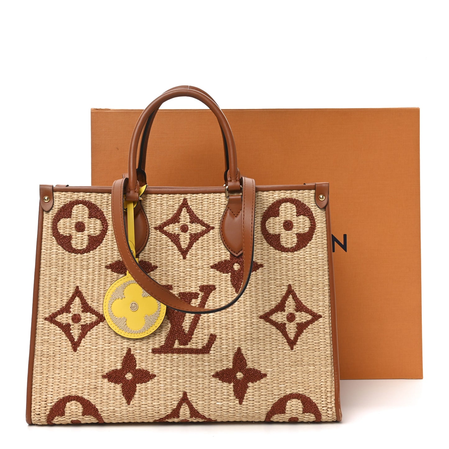 Raffia Calfskin Monogram Giant Onthego MM Tan