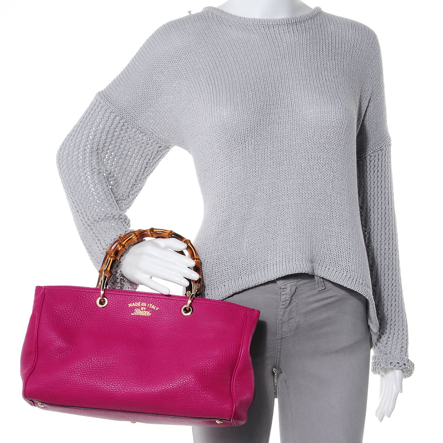 Pebbled Calfskin Medium Bamboo Shopper Tote Bright Bougainvillea