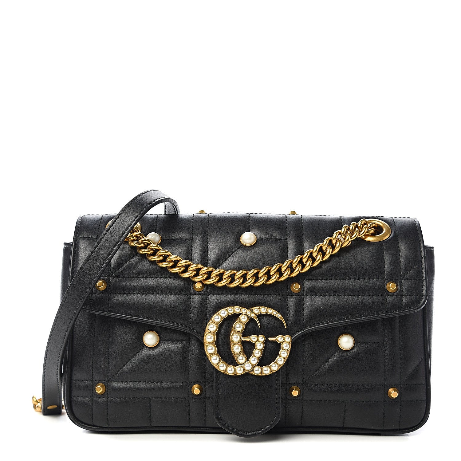 Gucci Calfskin Matelasse Studded Small Pearly GG Marmont Shoulder Bag Black 1 of 11
