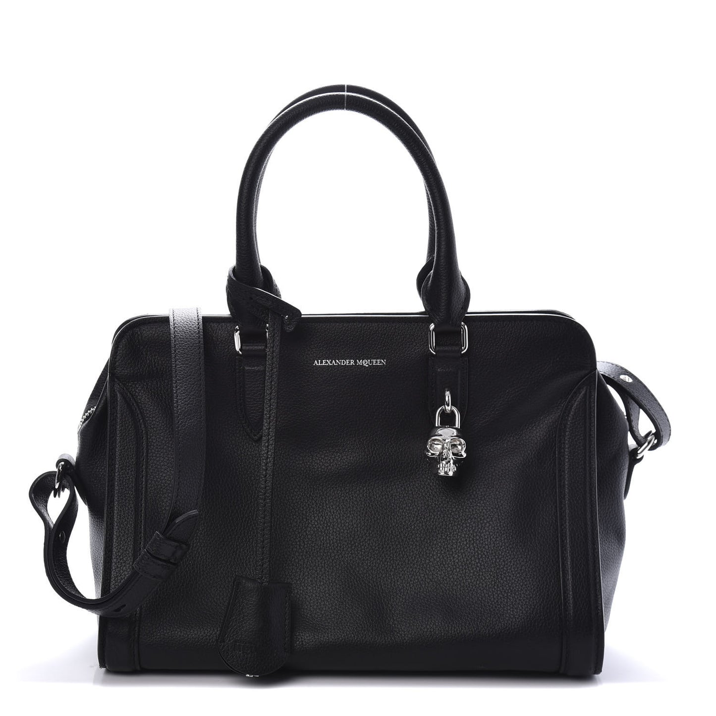 Pebbled Calfskin Small Skull Padlock Zip Around Tote Black