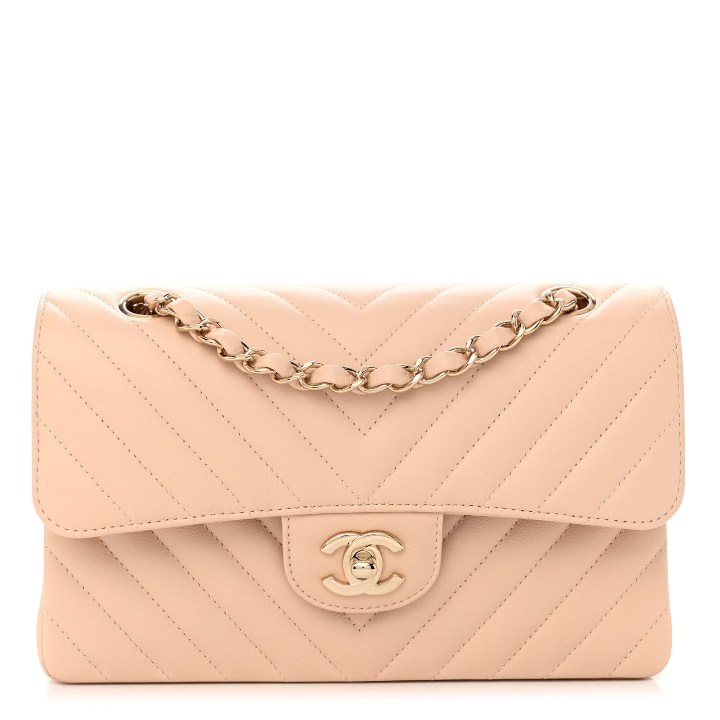 Caviar Chevron Quilted Small Double Flap Beige