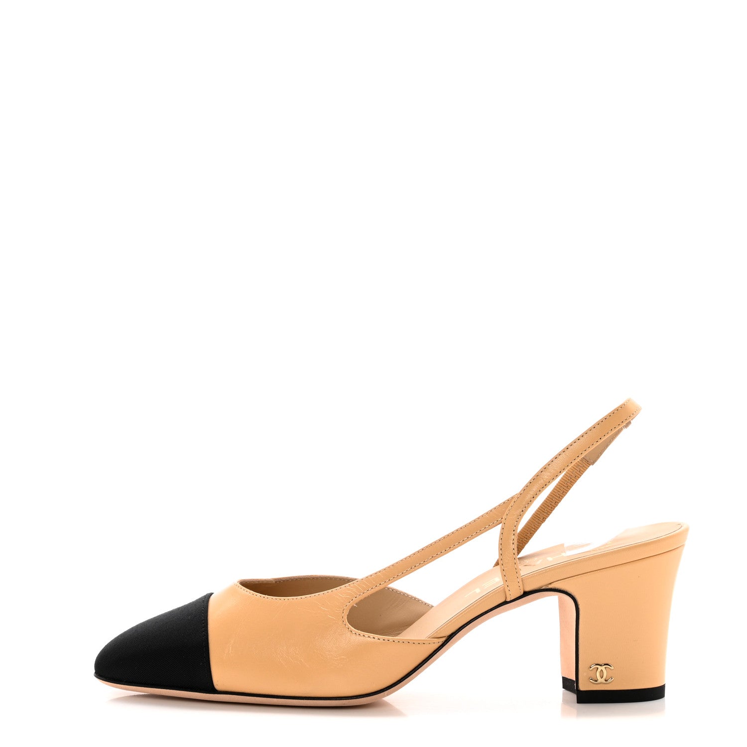 Chanel Goatskin Grosgrain Cap Toe CC Slingback Pumps 38.5 Beige Black 1 of 10
