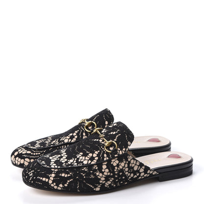 Gucci Lace Malaga Kid Womens Princetown Slippers 39 Black Skin Rose 3 of 10