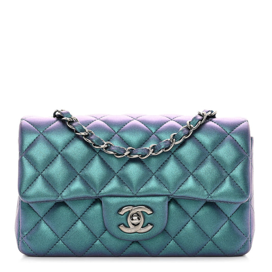 Iridescent Lambskin Quilted Mini Rectangular Flap Turquoise