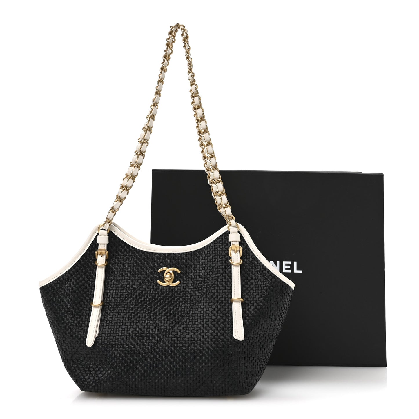 Calfskin Raffia Braided Small Shopping Tote Black White