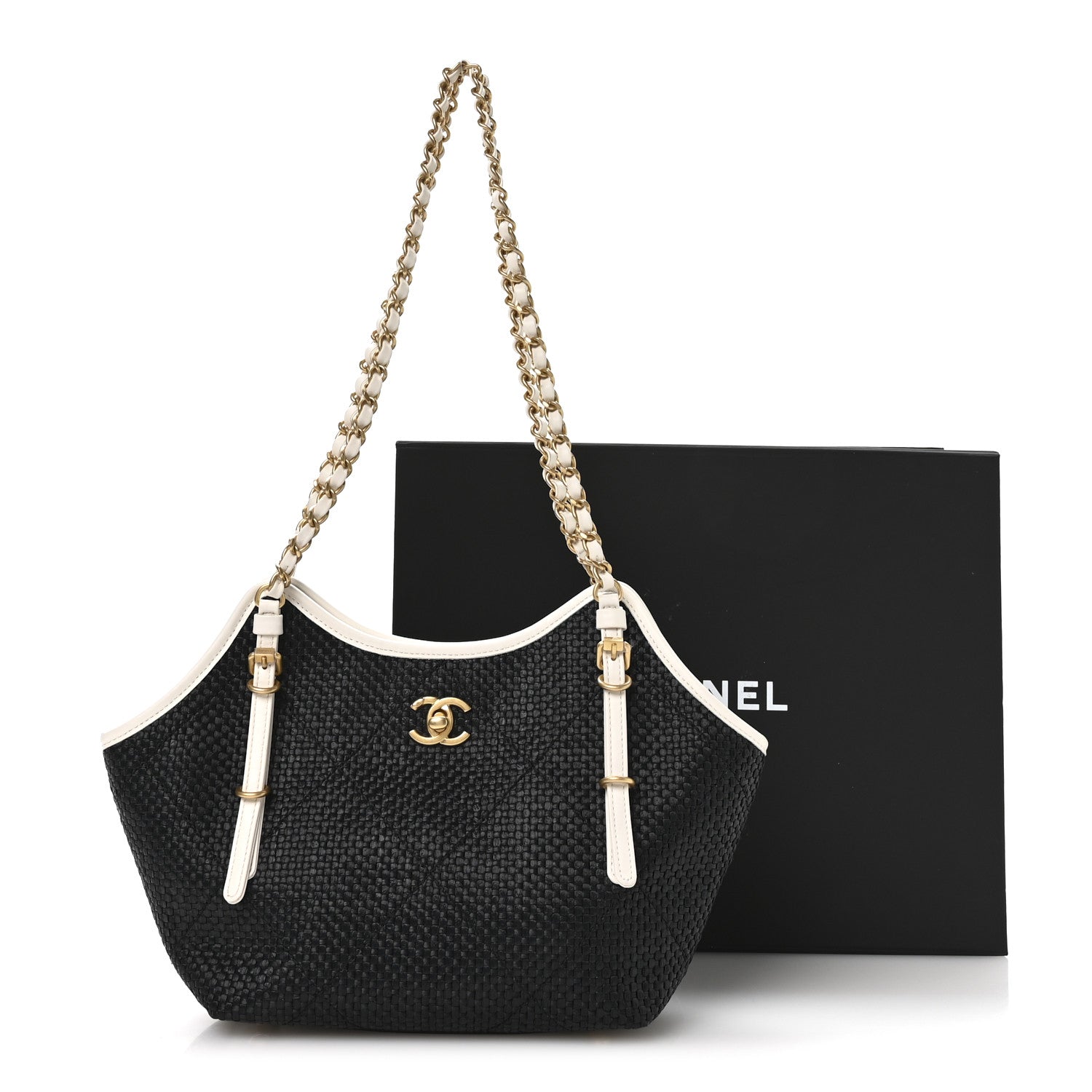 Chanel Calfskin Raffia Braided Small Shopping Tote Black White 20 of 21