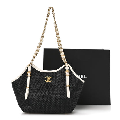 Chanel Calfskin Raffia Braided Small Shopping Tote Black White 20 of 21