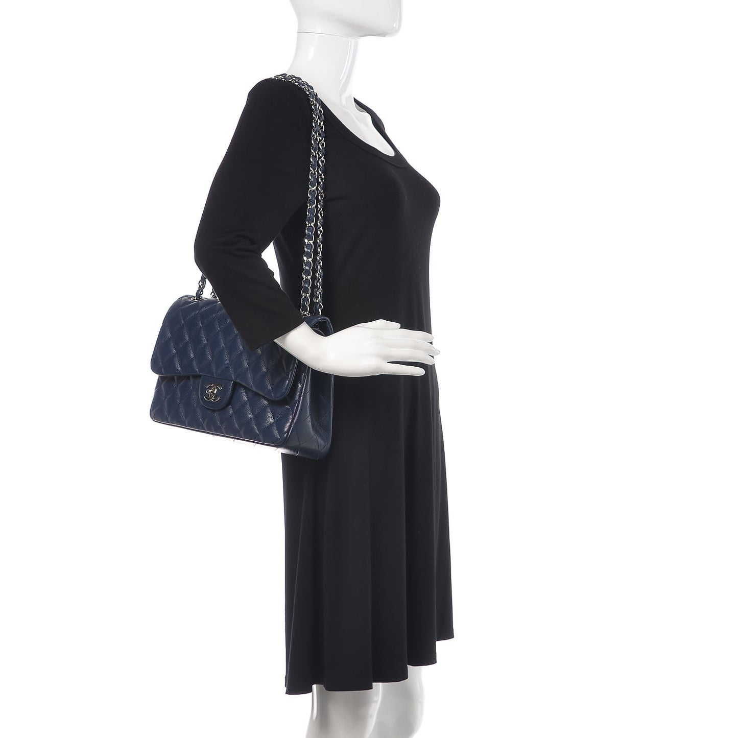 Caviar Quilted Jumbo Double Flap Navy Blue
