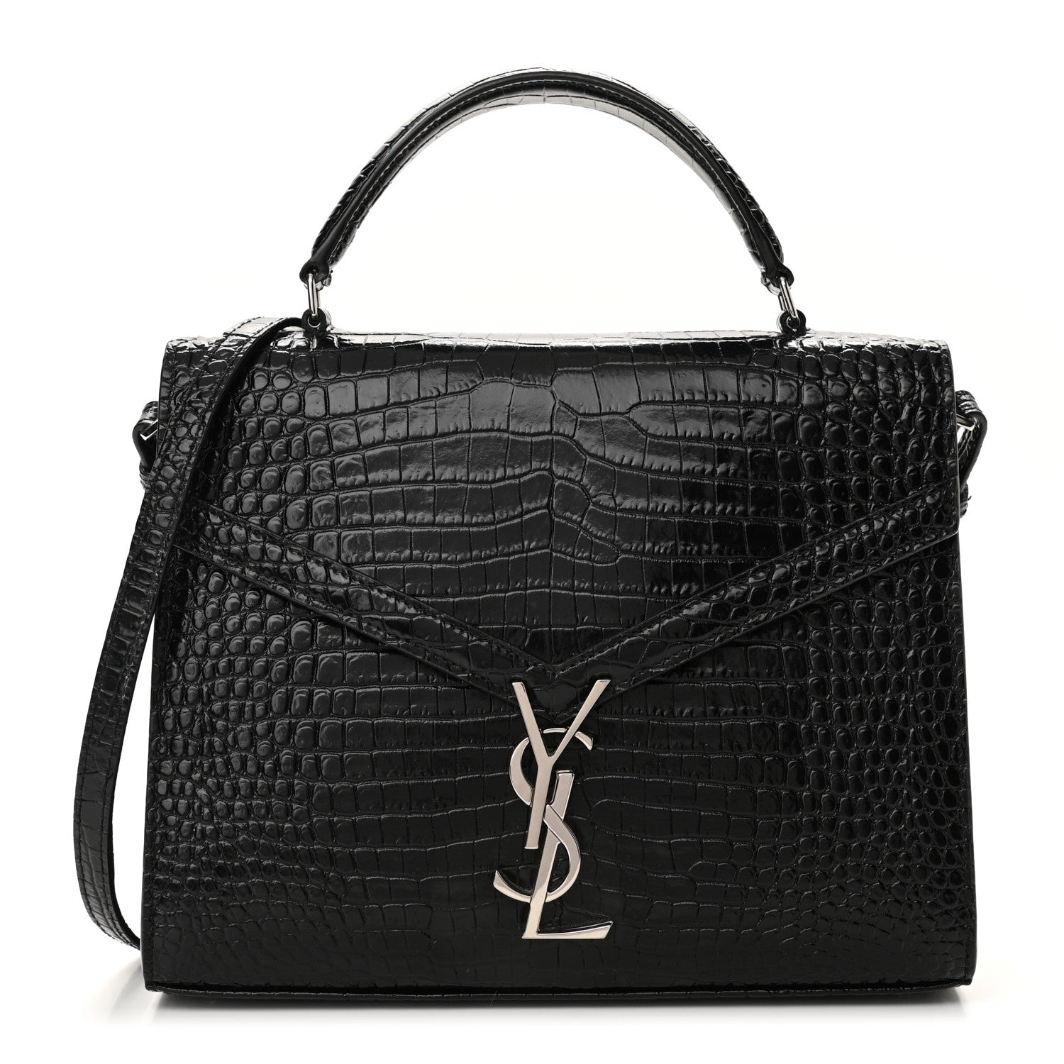Saint Laurent Calfskin Crocodile Embossed Medium Classic Monogram Cassandra Top Handle Black Rouge Legion 1 of 12