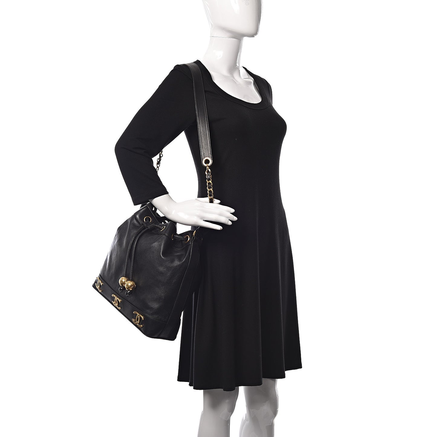 Lambskin CC Drawstring Shoulder Bag Black