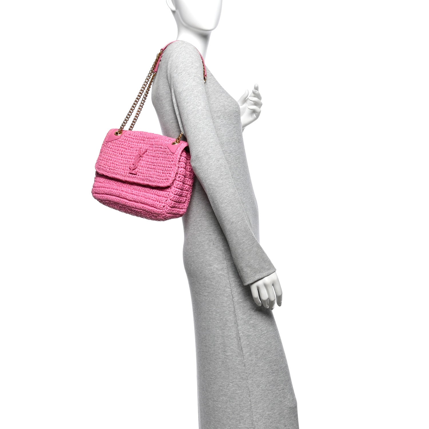 Saint Laurent Raffia Calfskin Monogram Medium Niki Chain Satchel Bright Pink 2 of 13