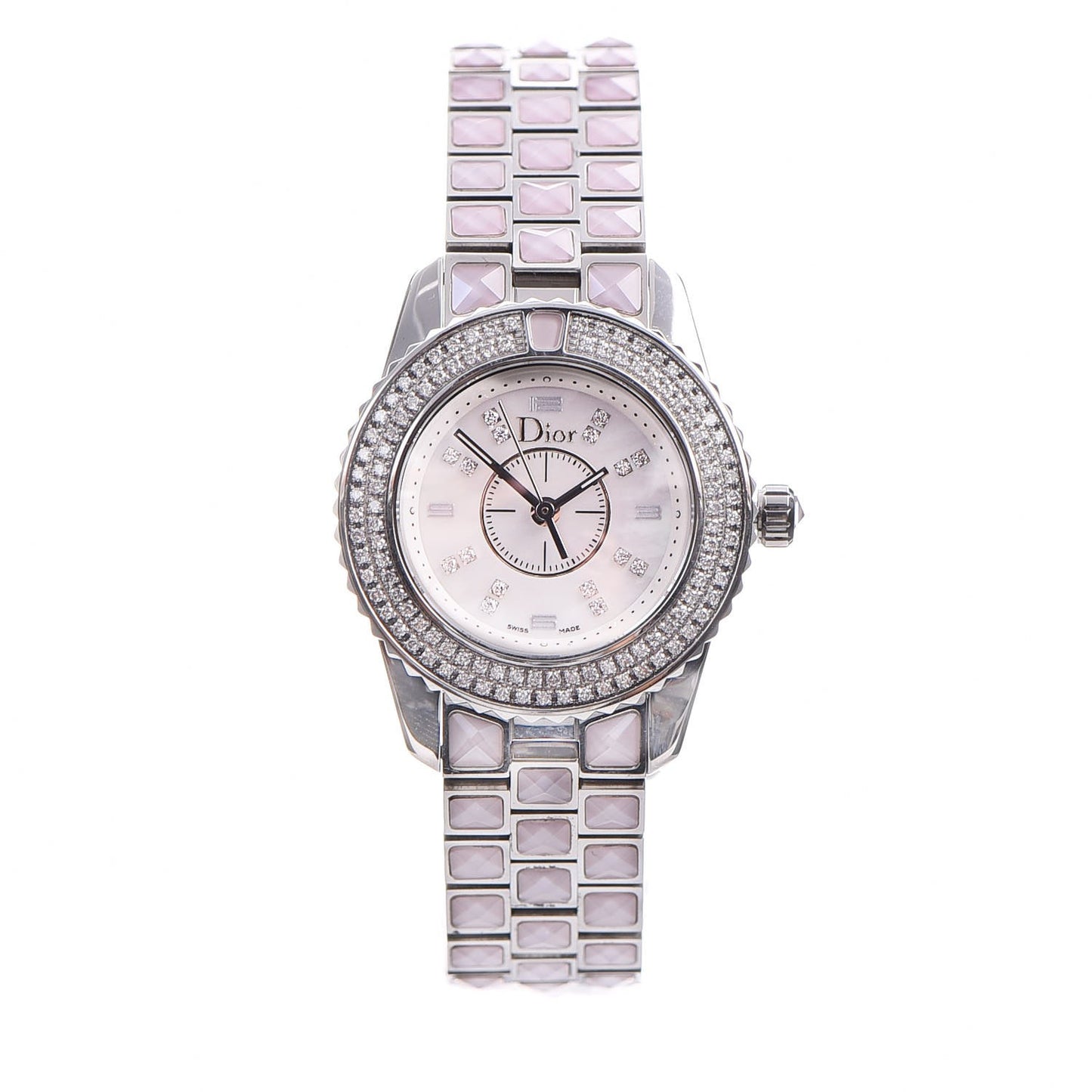 Stainless Steel Diamond Pave Bezel Sapphire 29mm Christal Quartz Watch Pink