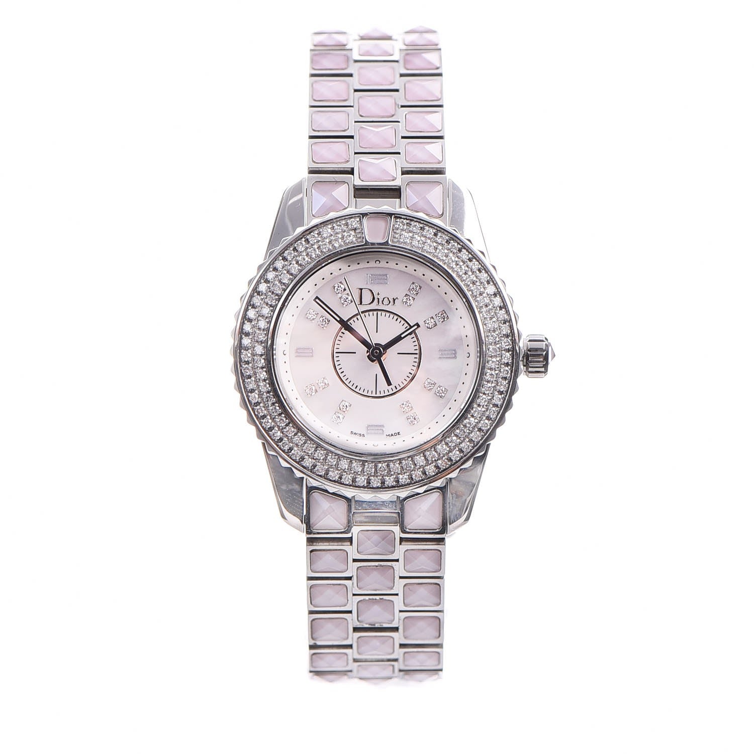 Christian Dior Stainless Steel Diamond Pave Bezel Sapphire 29mm Christal Quartz Watch Pink 1 of 8