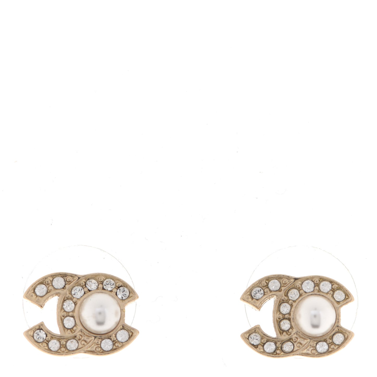 Metal Crystal Pearl CC Stud Earrings Gold