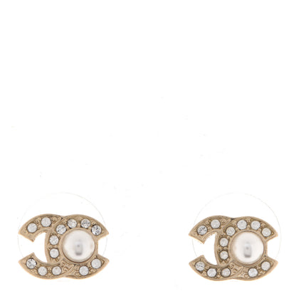 Chanel Metal Crystal Pearl CC Stud Earrings Gold 1 of 5
