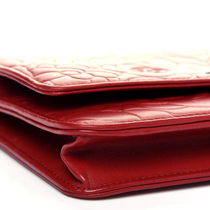 Chanel Lambskin Camellia Embossed Wallet On Chain WOC Red 13 of 21