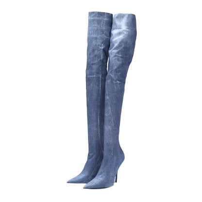 Balenciaga Denim Print Spandex Knife Over The Knee Boots 40 3 of 8