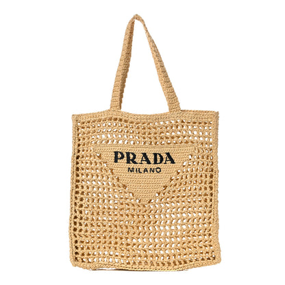 Prada Yarn Raffia Effect Crochet Logo Embroidered Tote Bag Naturale 1 of 12