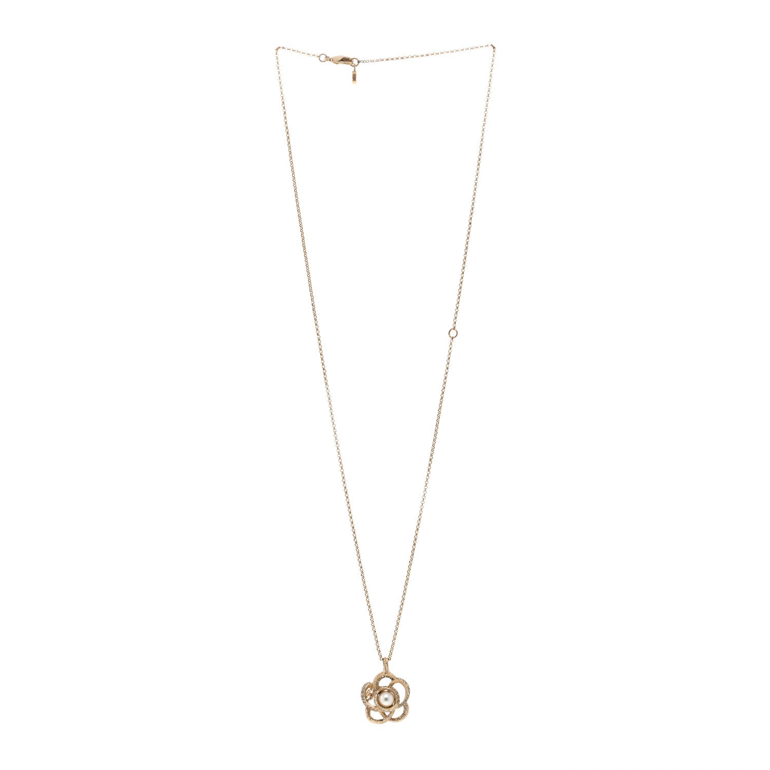 Chanel Crystal Pearl Camellia Necklace Gold 3 of 6