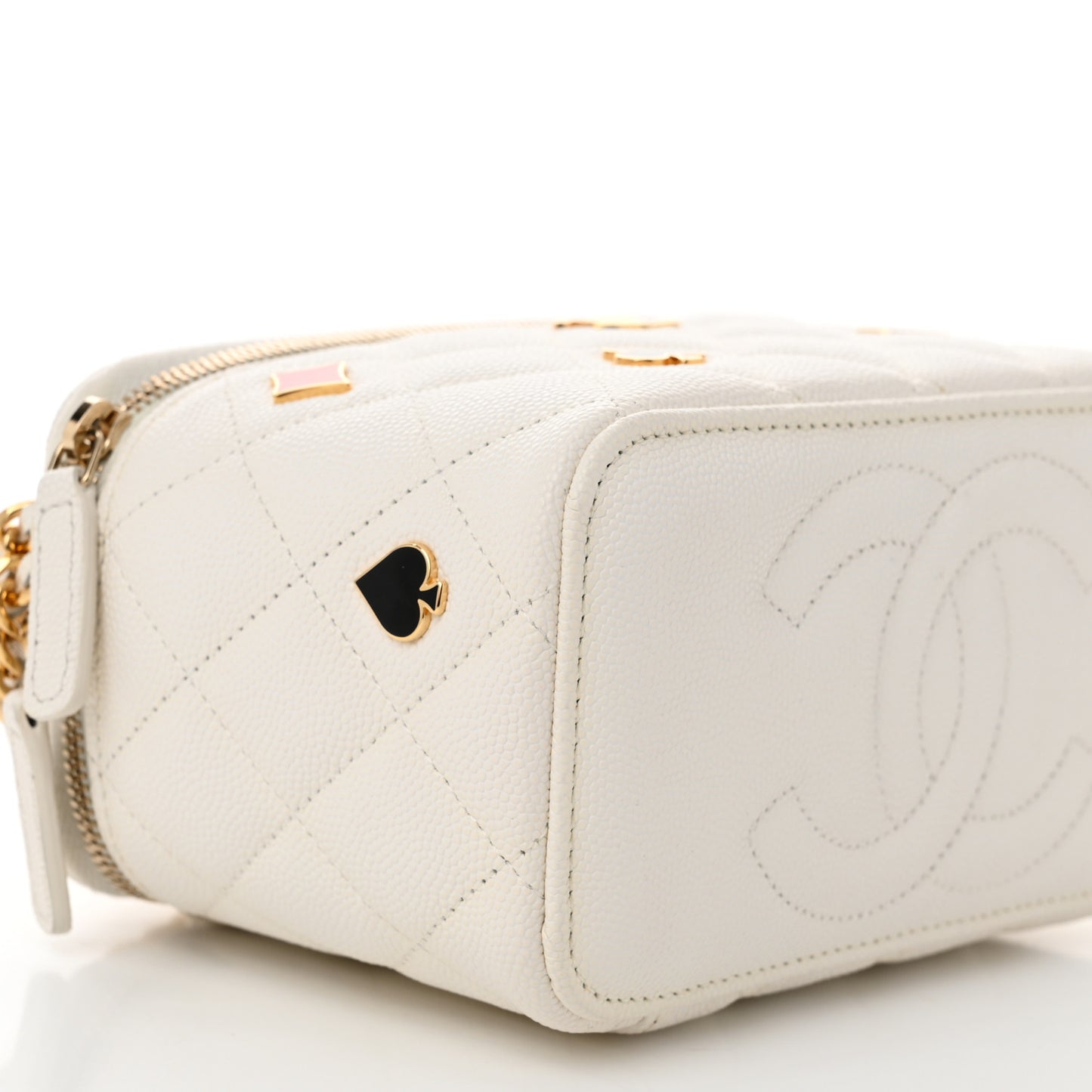 Caviar Quilted Enamel Coco Casino Small Vanity Case With Chain White