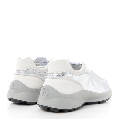 Chanel Laminated Calfskin Suede CC Sneakers 37 Silver Light Grey 4 of 9