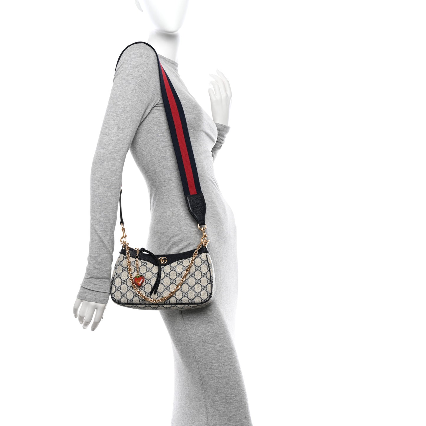 GG Supreme Monogram Textured Dollar Calfskin Web Small Ophidia GG Handbag Beige Blue