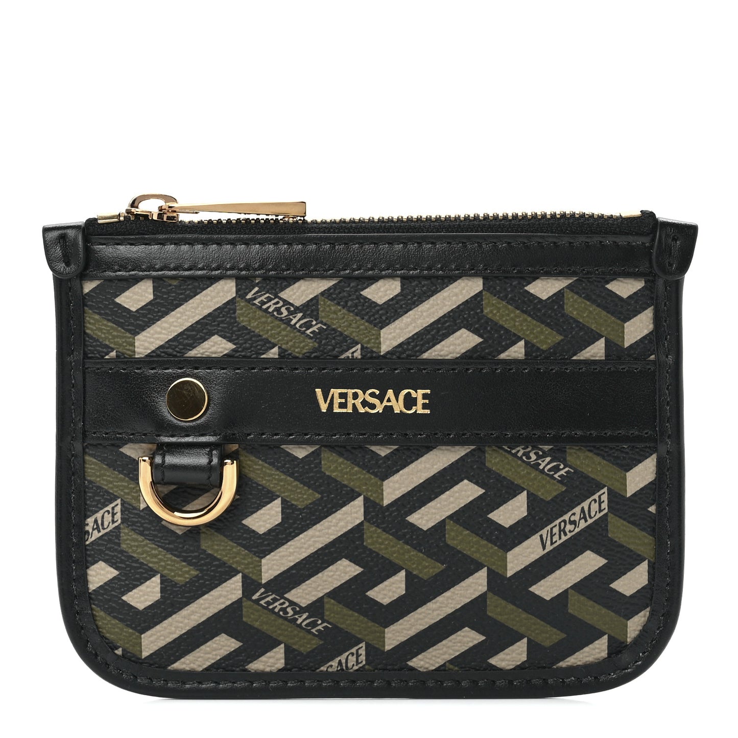 Coated Canvas Calfskin La Greca Modular Zip Pouch Black Green Beige