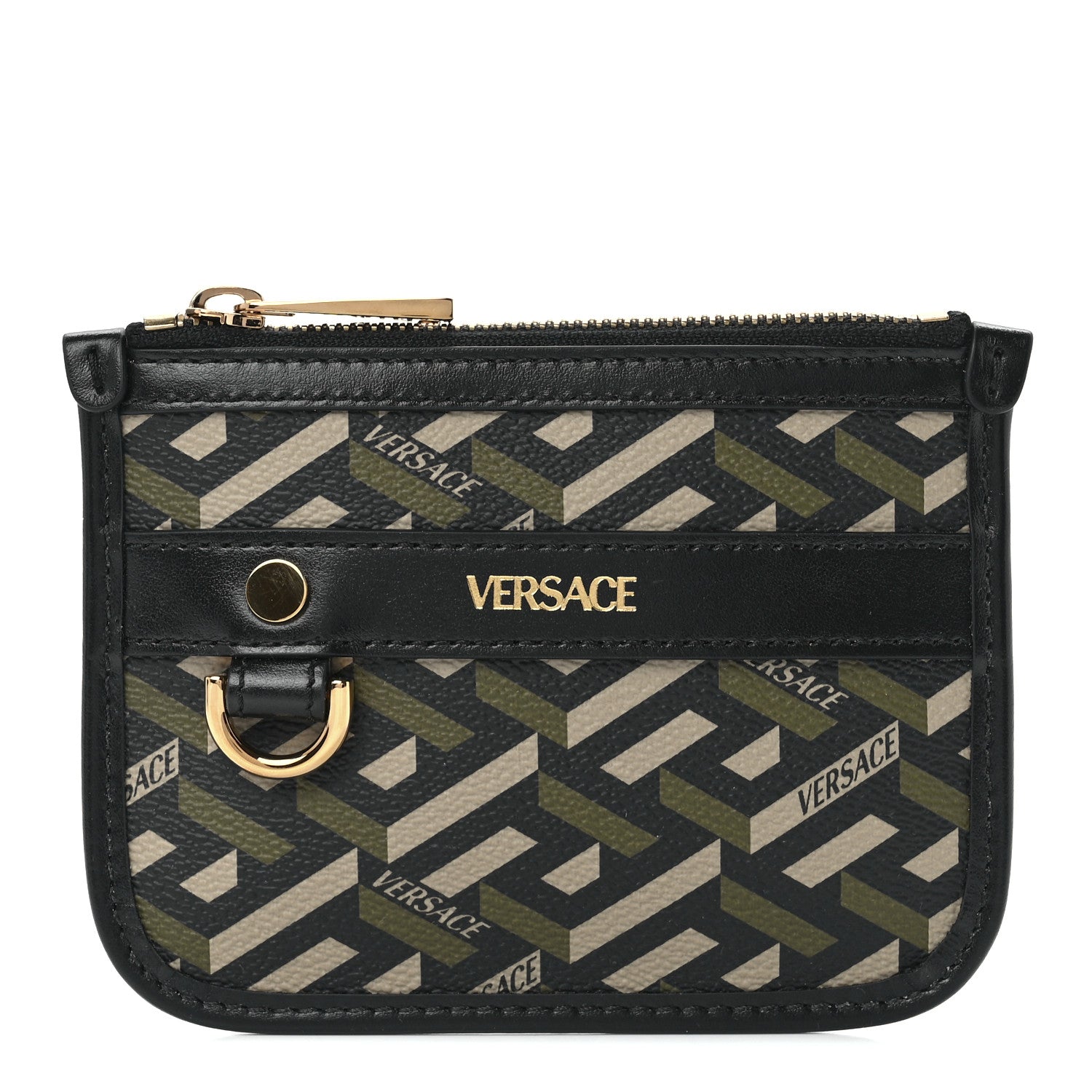 Versace Coated Canvas Calfskin La Greca Modular Zip Pouch Black Green Beige 1 of 10