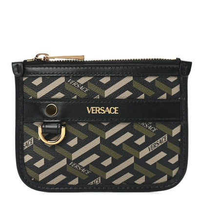 Versace Coated Canvas Calfskin La Greca Modular Zip Pouch Black Green Beige 1 of 10