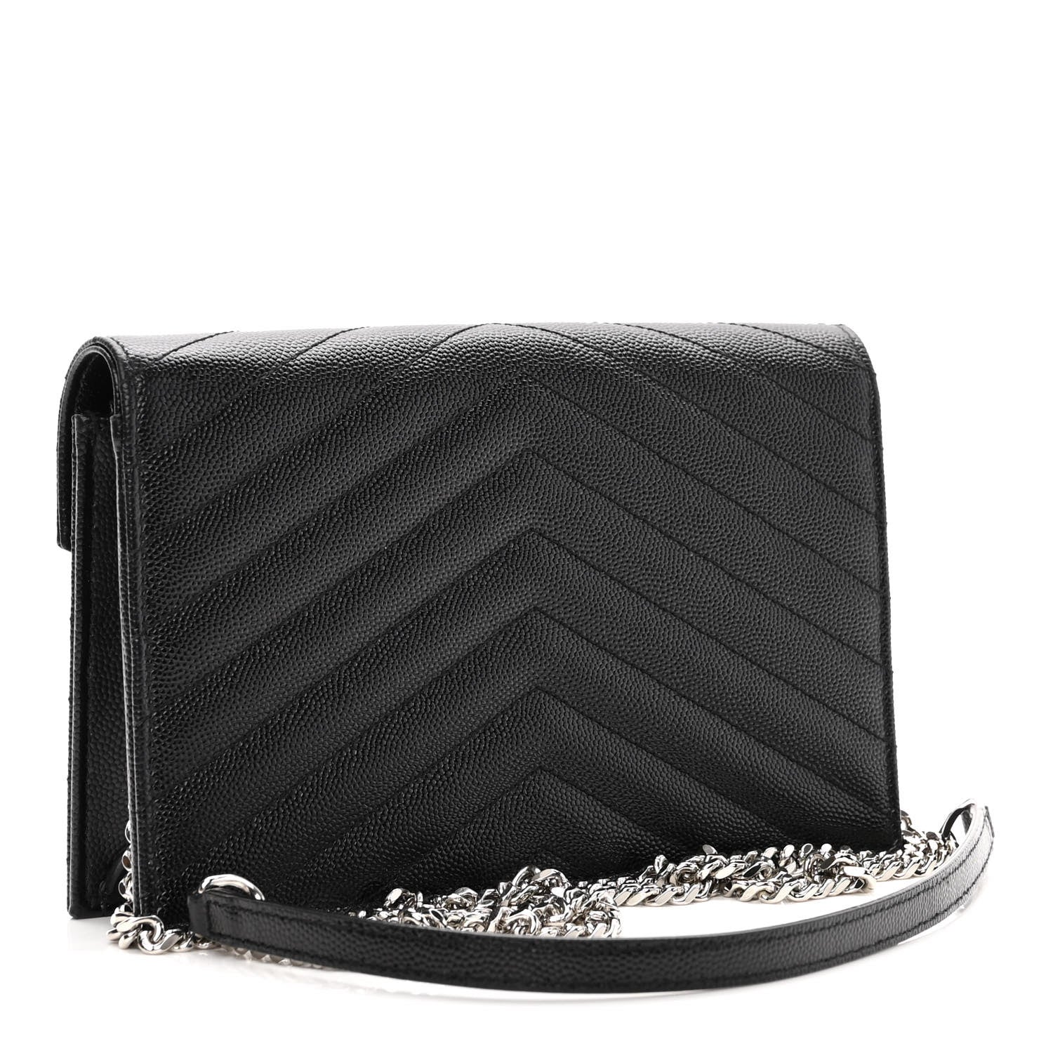Saint Laurent Grain De Poudre Matelasse Chevron Monogram Envelope Chain Wallet Black 3 of 9