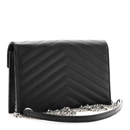 Saint Laurent Grain De Poudre Matelasse Chevron Monogram Envelope Chain Wallet Black 3 of 9