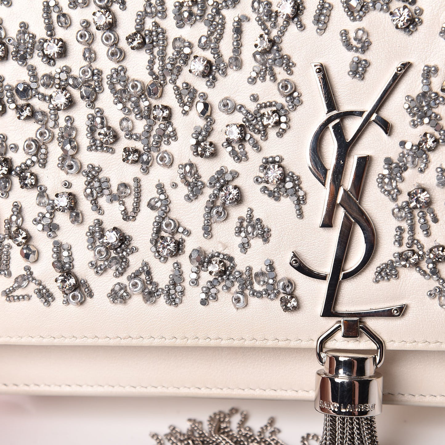 Calfskin Bead Embellished Kate Monogram Tassel Chain Wallet White