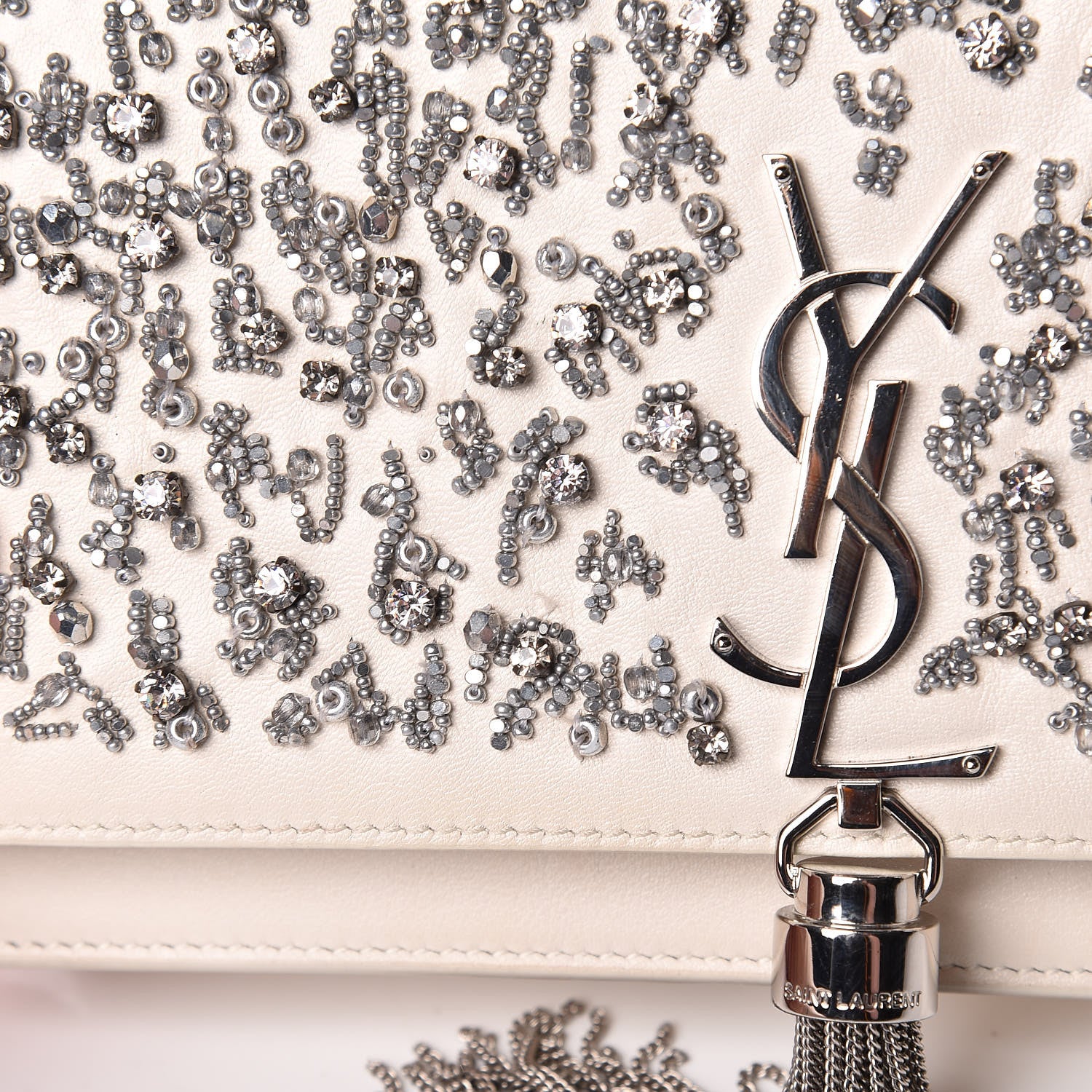 Saint Laurent Calfskin Bead Embellished Kate Monogram Tassel Chain Wallet White 14 of 17