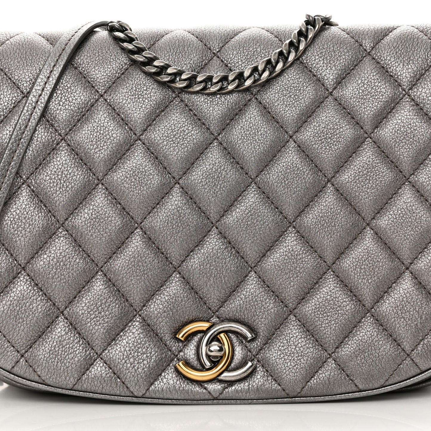 Metallic Calfskin Quilted Casual Pocket Messenger Flap Silver