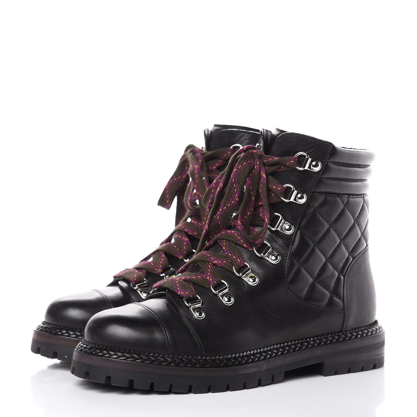 Lambskin Quilted Lace Up Boots 37 Black