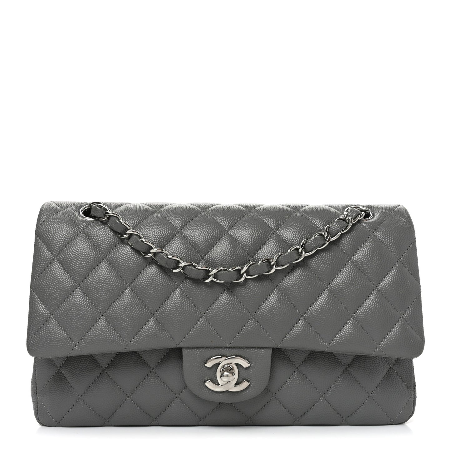Caviar Quilted Medium Double Flap Grey