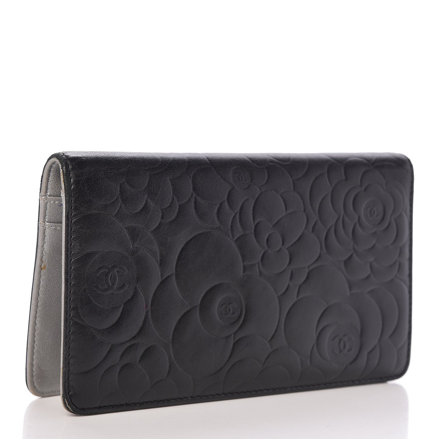 Lambskin Camellia Embossed Yen Wallet Black