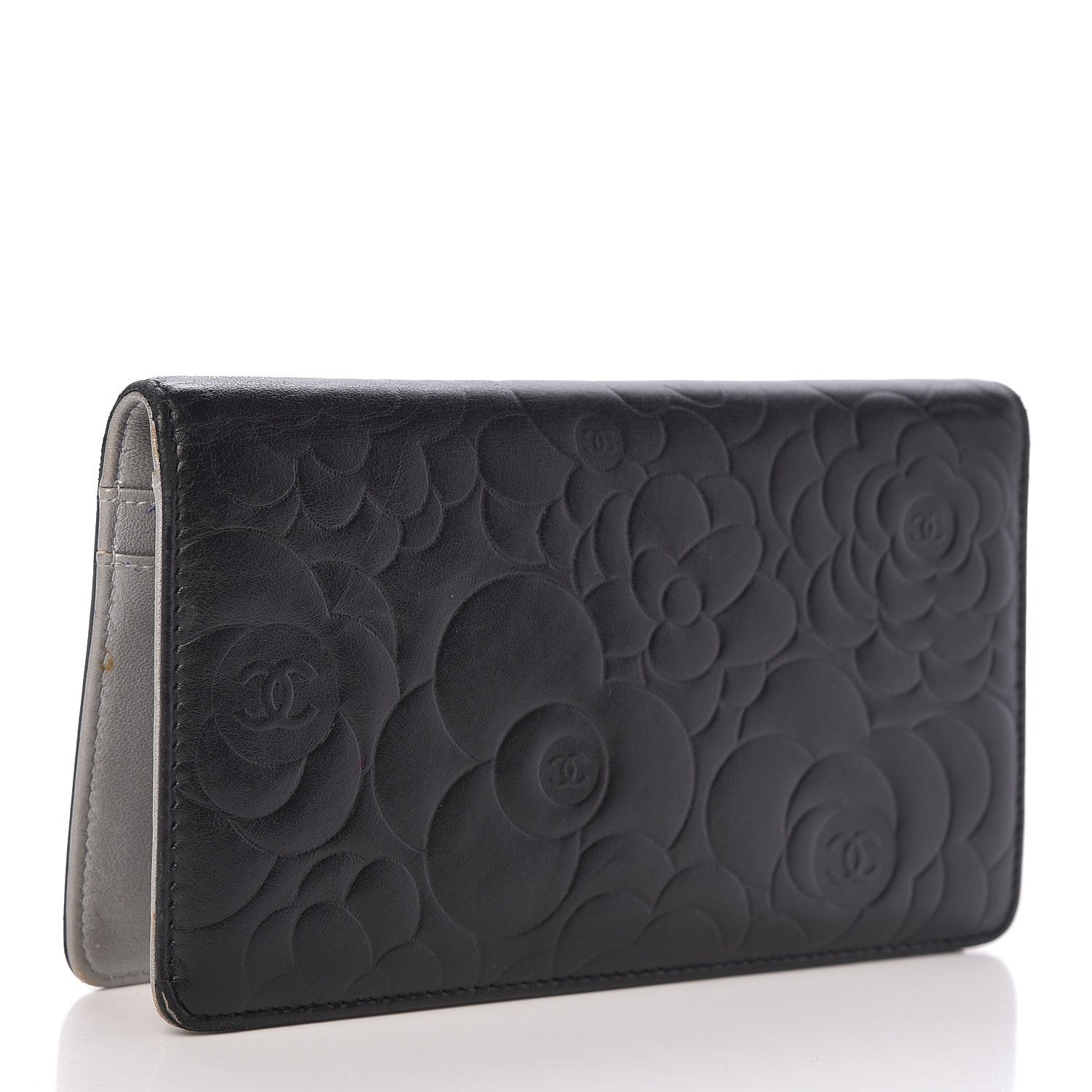 Chanel Lambskin Camellia Embossed Yen Wallet Black 3 of 15