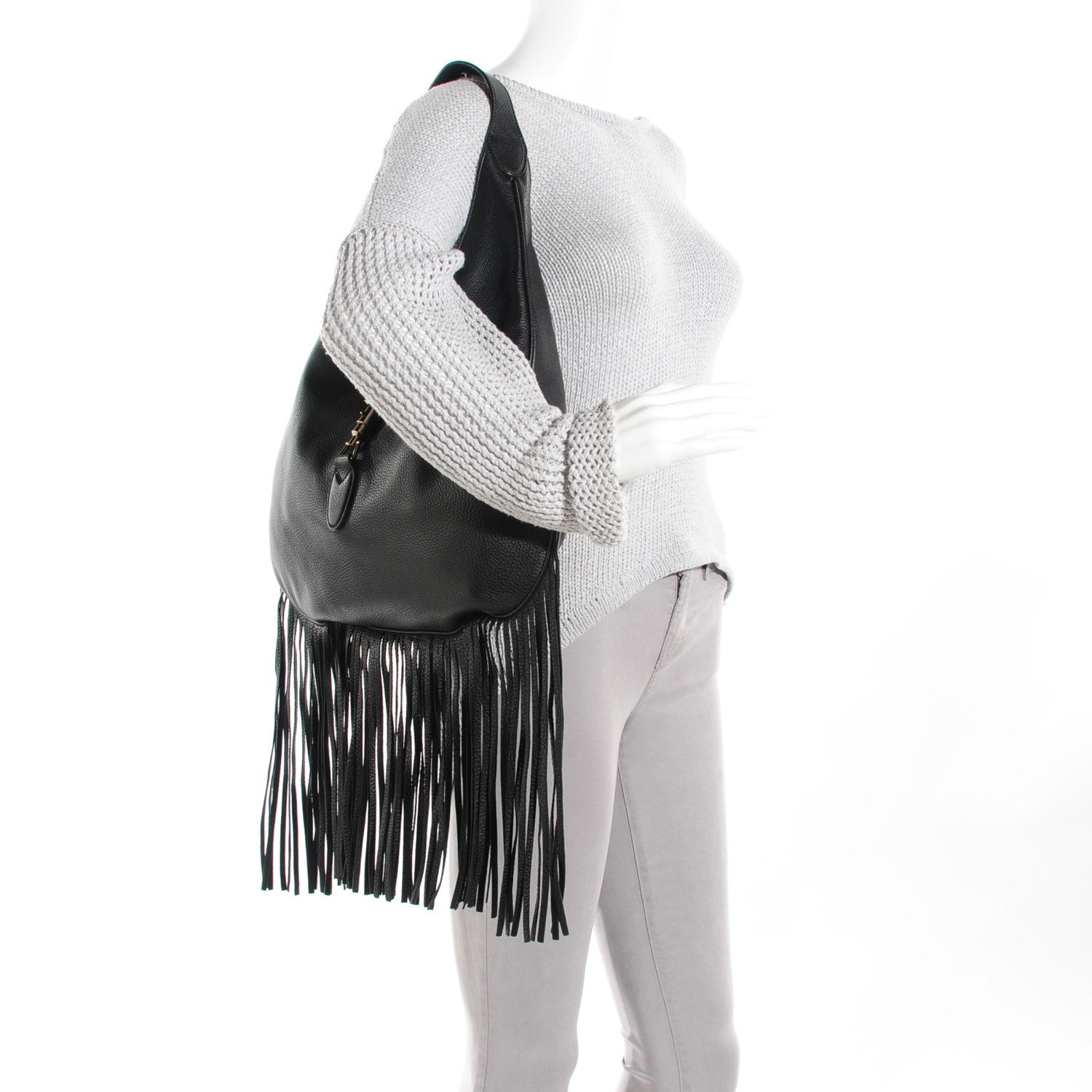 Gucci Grained Calfskin Large New Jackie Nouveau Fringe Hobo Black 2 of 7