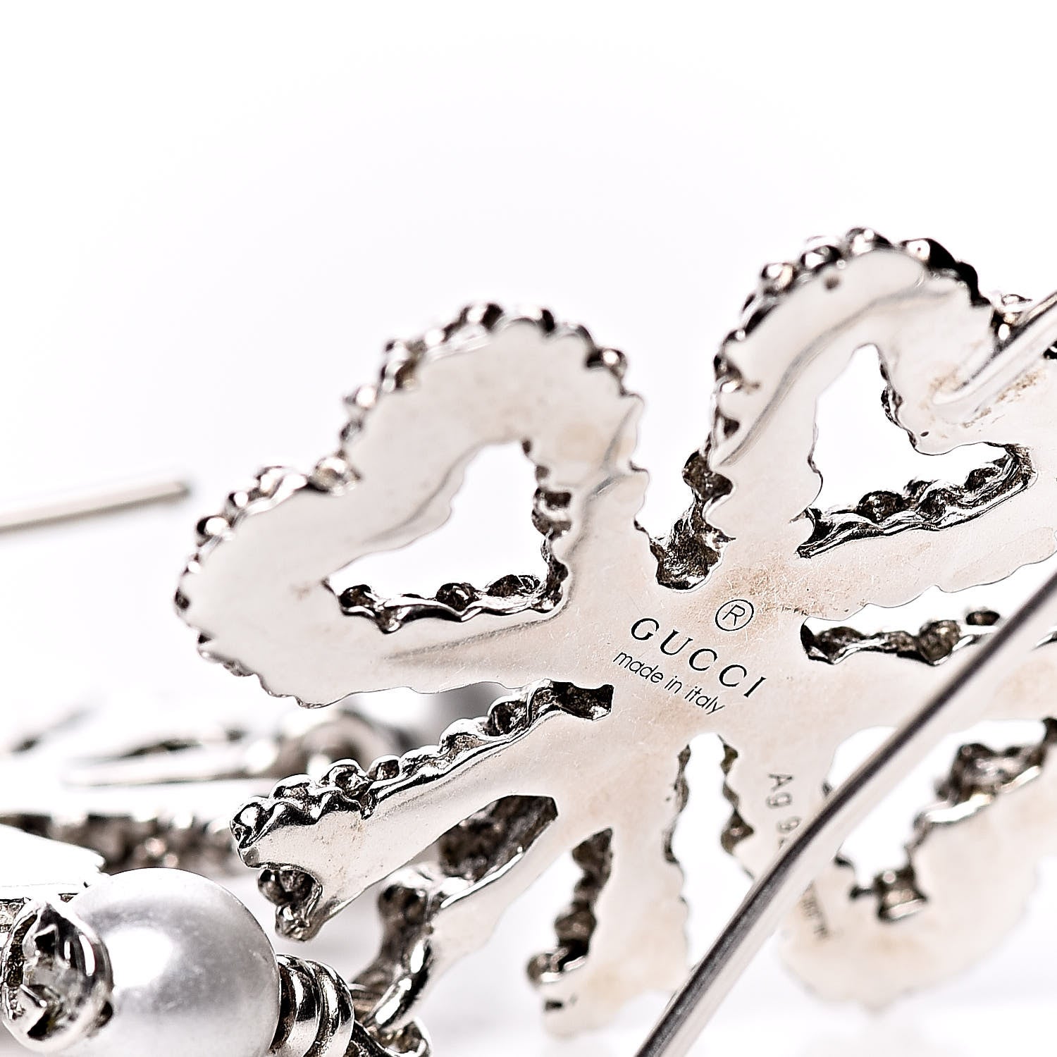 Gucci Sterling Silver Pearl Heart Ribbon Earrings 4 of 5